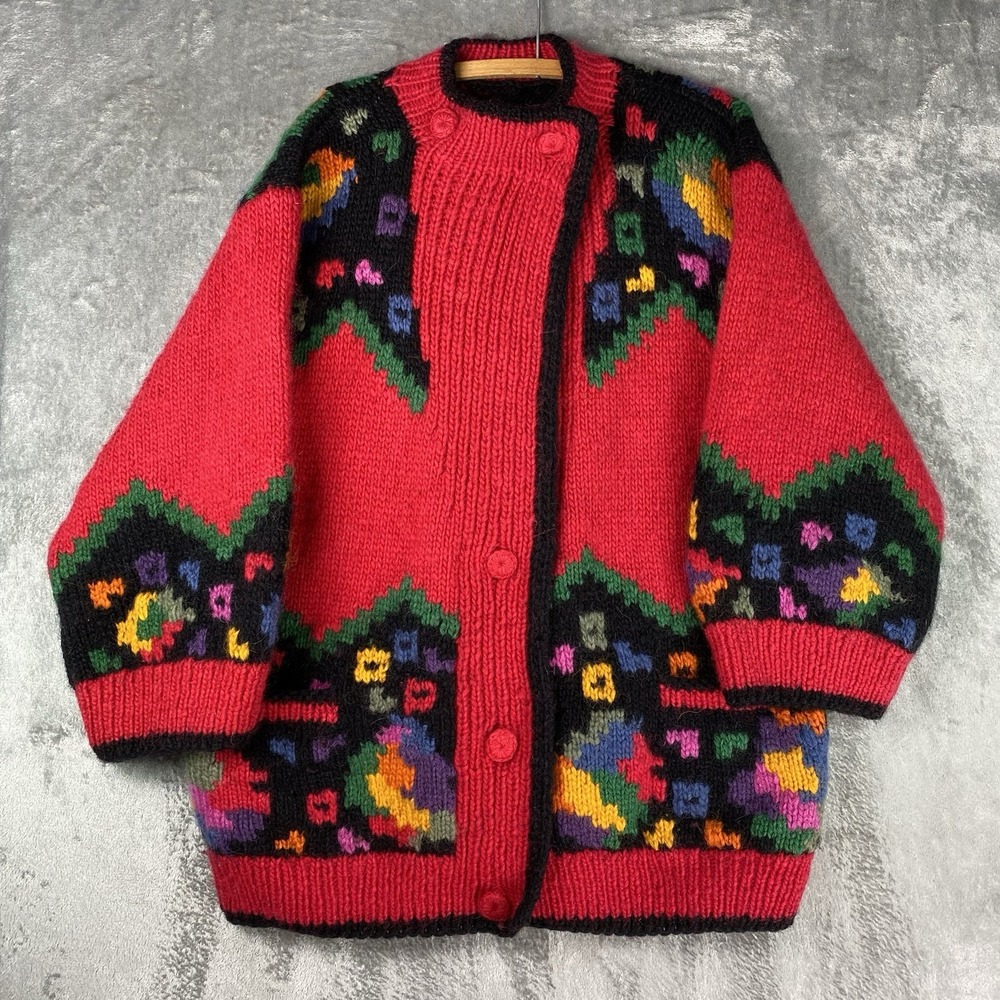 Vintage Chunky Knit Wool Cardigan Sweater Womens Sz L Red Colorful 3/4 Sleeves